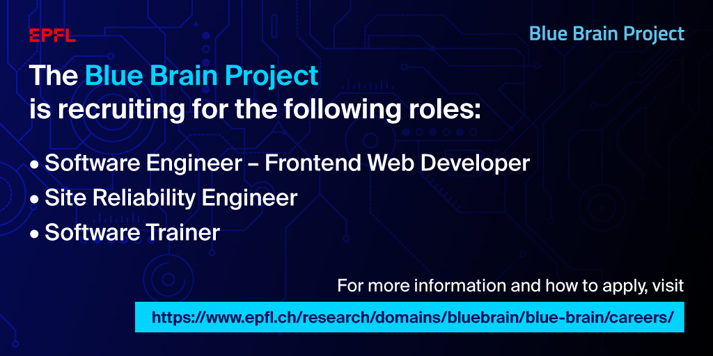 BlueBrainPjt's tweet photo. Blue Brain is recruiting and we are looking for:
 
Software Engineer – Frontend Web Developer - https://t.co/joAyujWUG3
Site Reliability Engineer - https://t.co/xfUiTzmniN  
Software Trainer - https://t.co/oANCzx06qs  

#recruitment https://t.co/74GlKz425F
