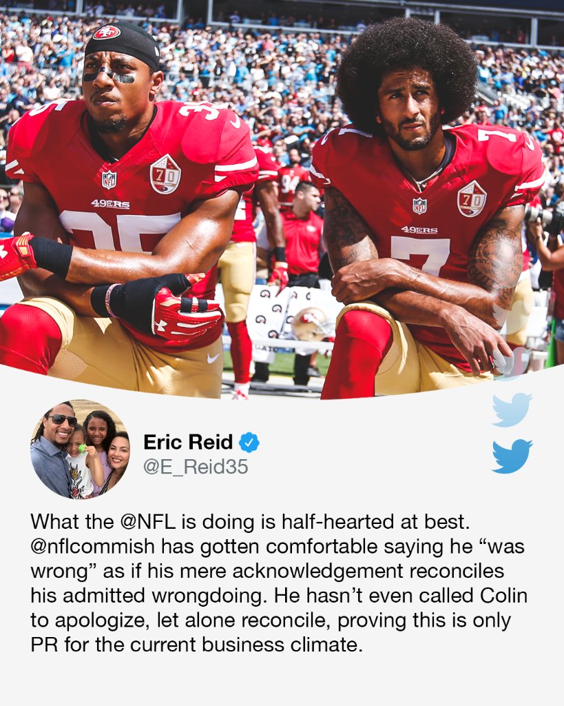 espn's tweet photo. Eric Reid (@E_Reid35) called the NFL's use of video of Colin Kaepernick kneeling while the QB remains unsigned "diabolical." https://t.co/Crj7rpsMpn