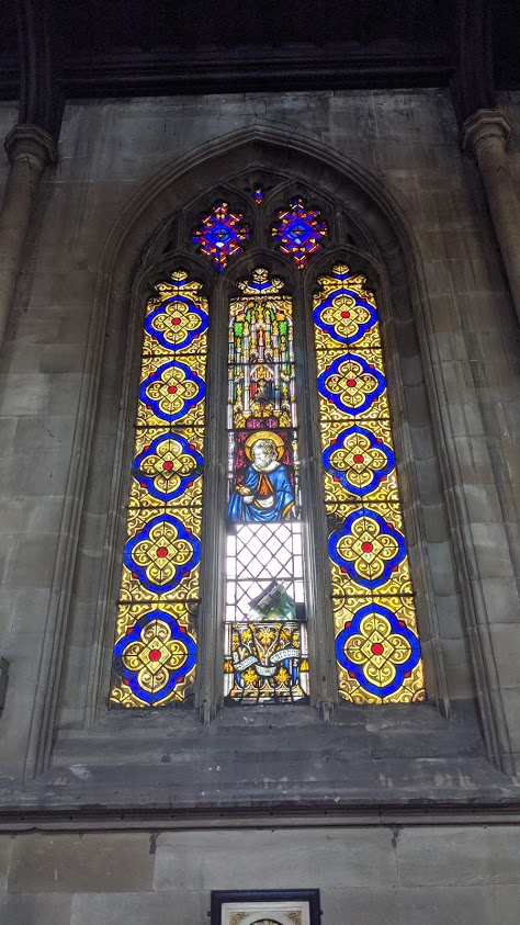 Another problem All Saints has, aside from the cracks, and the leaks, and the church organ, and the Literal Stone Used To Construct It, is their windows - not only are many of the panes damaged, but see how wavy the leading is on that glass? Yeah. That's not supposed to happen.