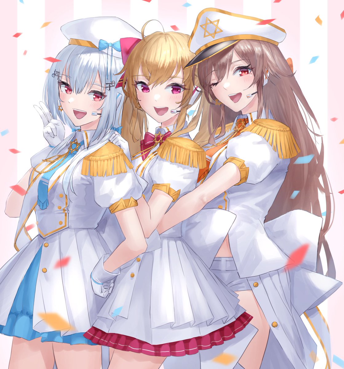takamiya rion multiple girls 3girls red eyes one eye closed brown hair gloves smile  illustration images