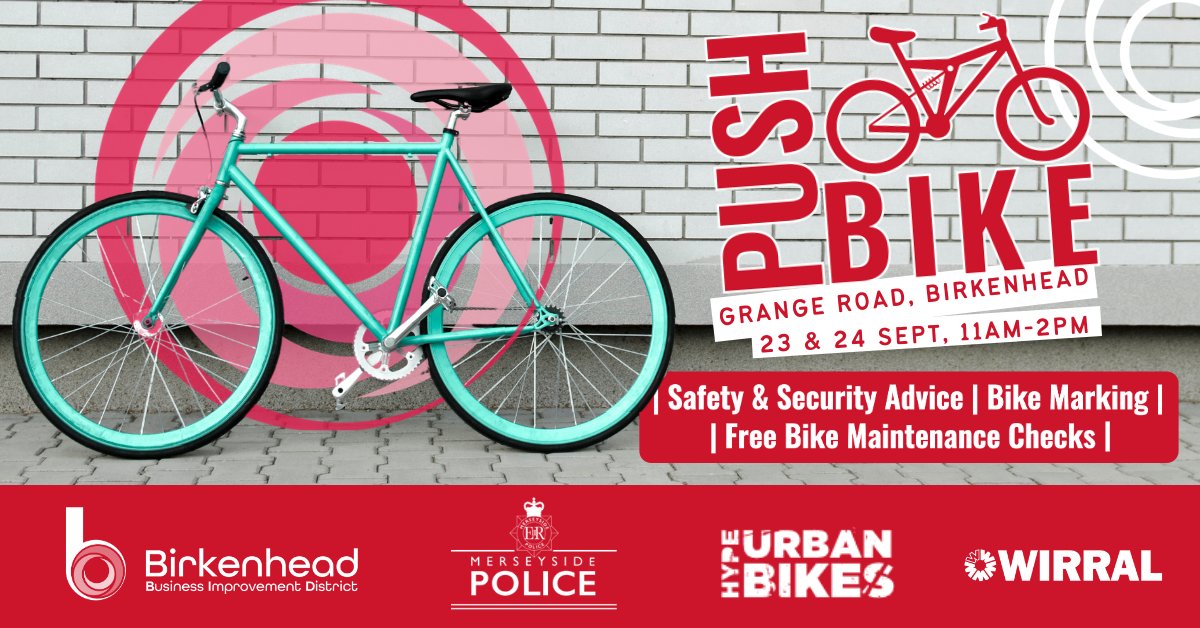 BirkenheadBID's tweet photo. We're pleased to be working with @MerseyPolice to bring our 'Push Bike' event to Grange Rd next week.
This 2-day event will offer:
✔️ Safety &amp; Security Advice
✔️ Bike Marking
✔️ Free Bike Maintenance Checks

Find more info here: https://t.co/sTLVtiJLCE

We hope to see you there🚴 https://t.co/2PVDec0ph2