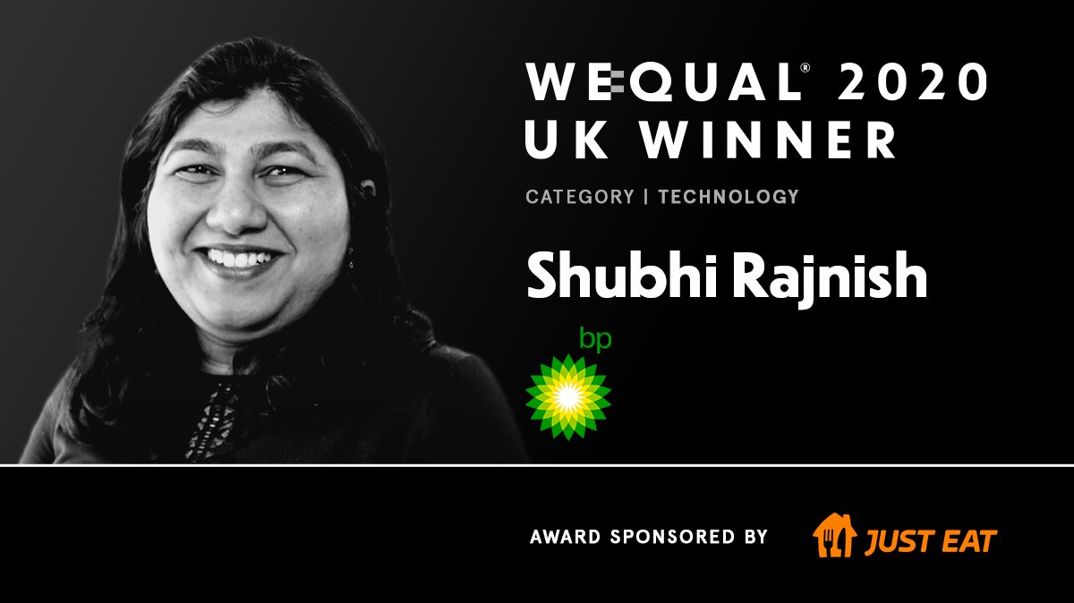 WeQualGlobal's tweet image. Congratulations Shubhi Rajnish
Winner of the 2020 WeQual Award Technology Category. WeQual judge, @AnnMCairns Executive Vice-Chair at @Mastercard commented:

“Shubhi presents herself very well, ambitious, and energetic. She is a very impressive, well-balanced leader”

@JustEatUK