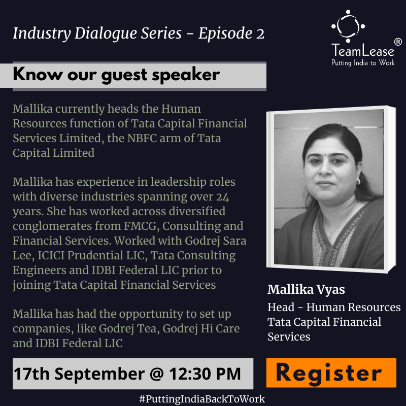 TeamLease's tweet photo. We welcome Mallika Vyas, Head- HR, Tata Capital Financial Services to the second episode of 'Industry Dialogue Series with Rituparna Chakraborty.'
Join the session on 17th September at 12:30 PM. 
Register here: https://t.co/iaz903K4zC

#PuttingIndiaBackToWork #finance #Banking https://t.co/FAJ8OtDCrG