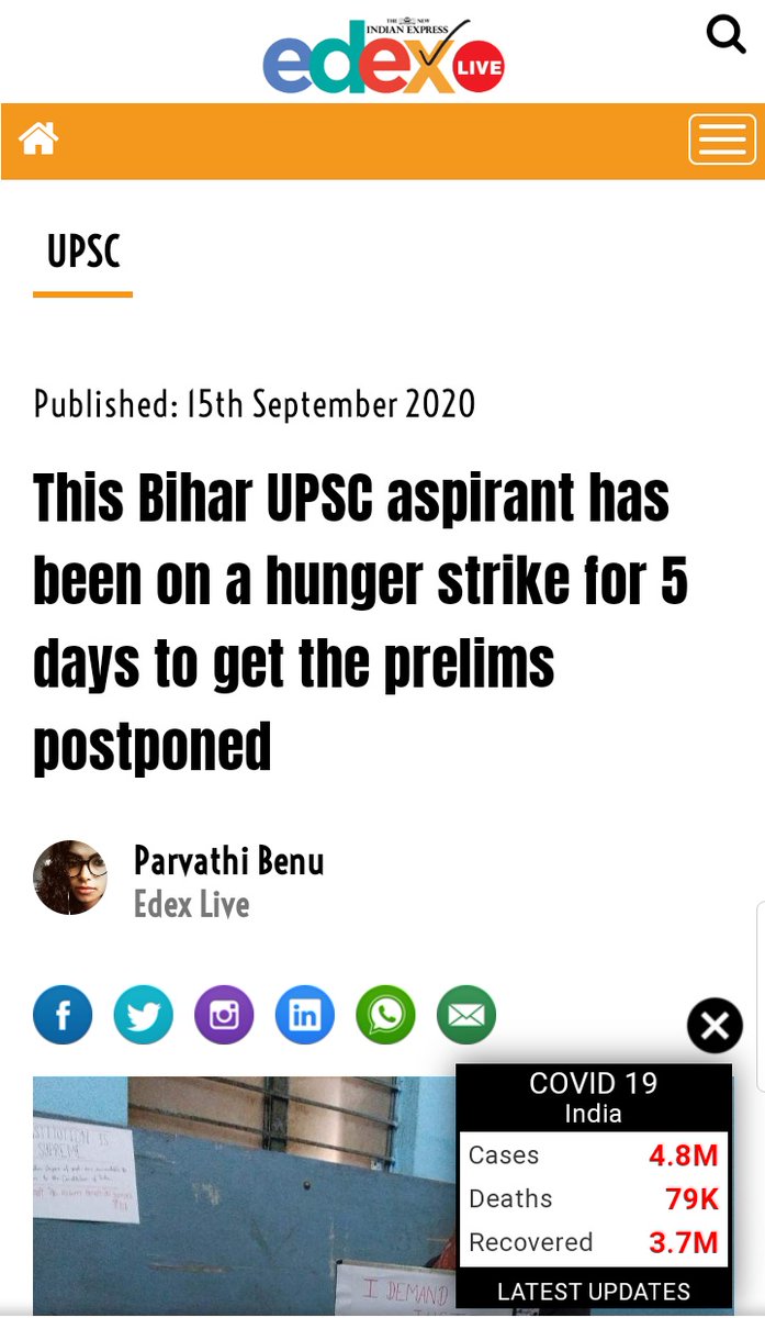 001__Victoria's tweet photo. Priya Kumari has apparently started an indefinite hunger strike until the govt Authorities postpone the Exam.
@DrJitendraSingh @DoPTGoI @mygovindia @PMOIndia @rashtrapatibhvn @saahilmenghani @Dipankar_cpiml @Sandeep_Saurav_ @NeelamKapur
#PostponeUPSC_Prelims #POSTPONE_KARO_UPSC https://t.co/Q32p7UegYI
