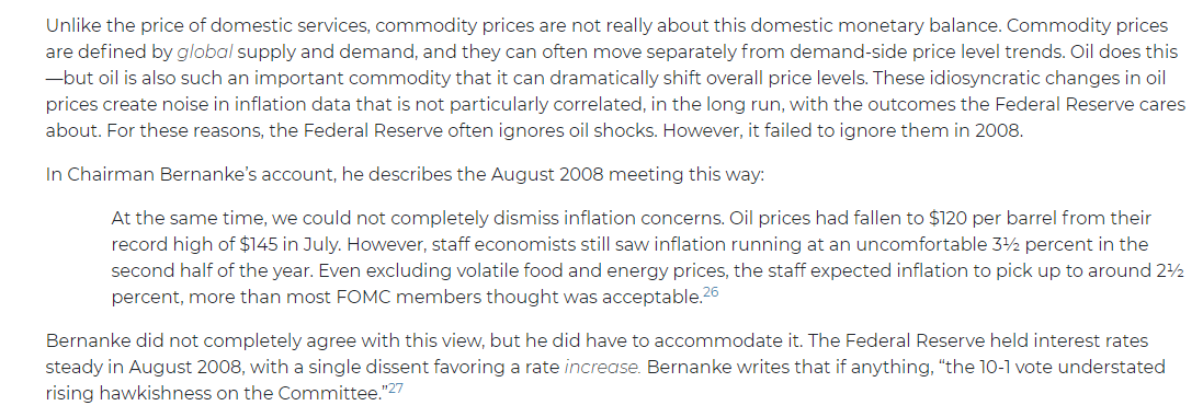 Here's the problem with the assessment of inflation from the committee, though: they paid a *lot* of attention to oil. Bernanke says so in his book, it says so in the minutes, and so on. Why is paying attention to oil a problem?