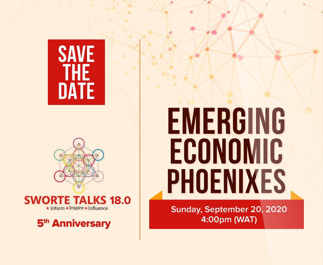 SWORTETalks's tweet photo. Emerging Economic Phoenixes
Another unique, yet remarkable  story will be told at the 18th edition of Stories Worth Telling (SWORTE) Talks...

Come and listen to stories of how
successful people emerged and turned #crisis moments into #profitable moments. https://t.co/AfdRMB13Ga