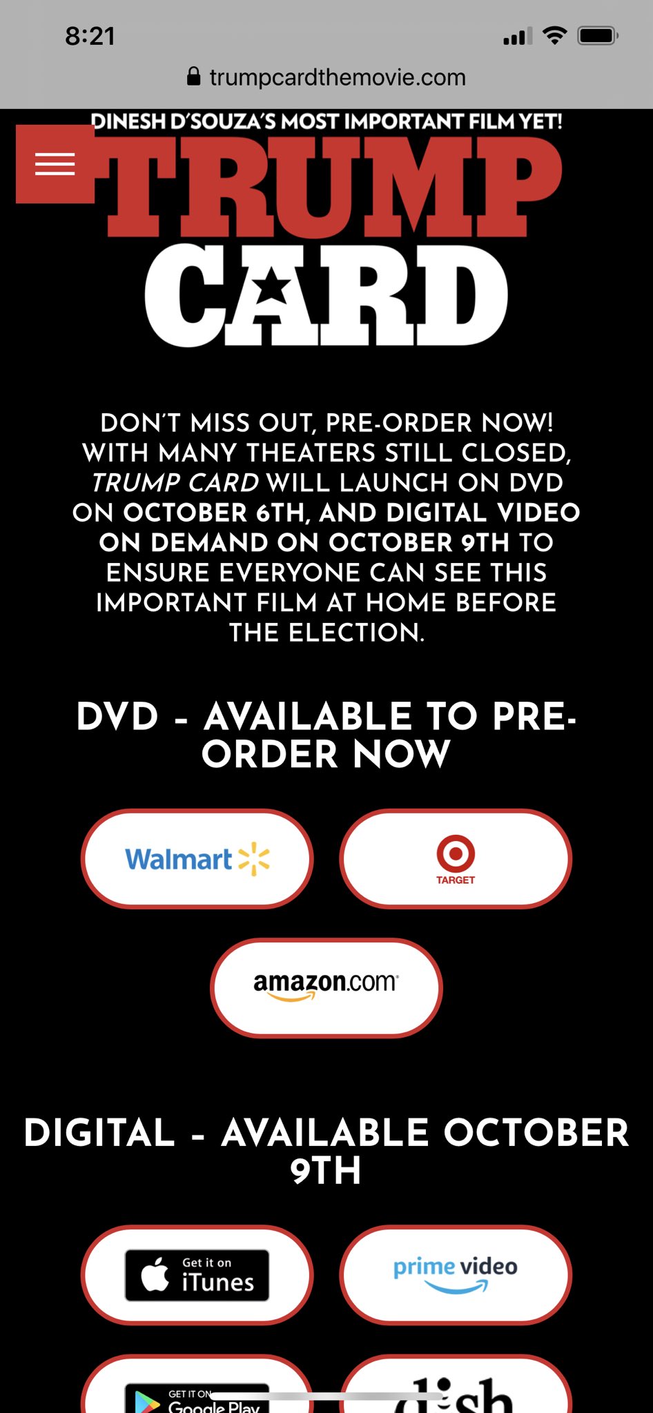 Dinesh D Souza Trump Card Will Be Available On Demand At Apple Itunes Google Play Amazon Prime Dish Network And Elsewhere But Not Until October 9 You Can Preorder The Dvd