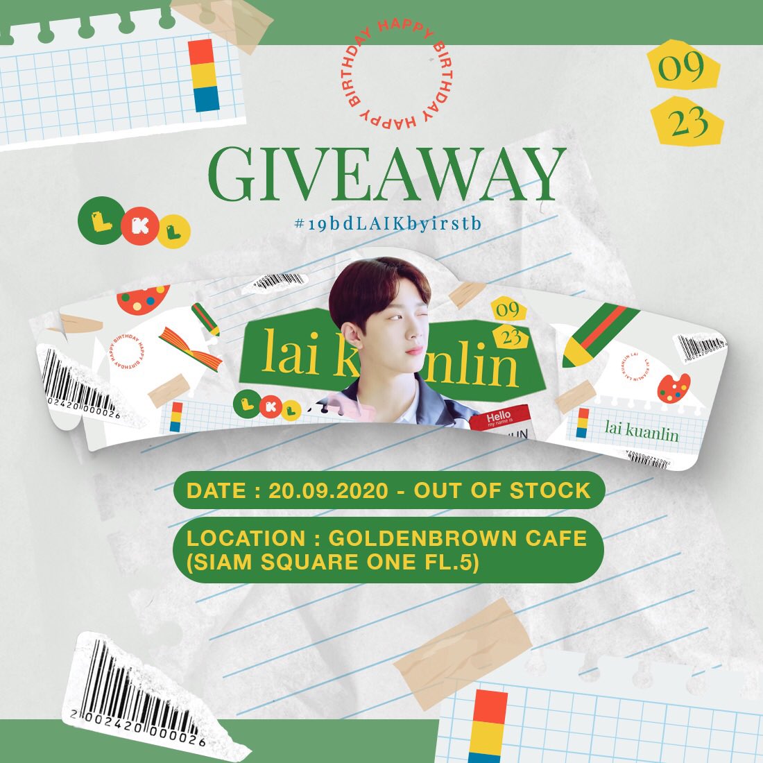 insnowday's tweet photo. * giveaway
cupsleeve

♡ 𓏭 lai kuanlin ∘ ♡̲

1 order / 1 cup sleeve

date : 20.09 - out of stock
location : @goldenbrownth siam square one 🧁

มีจำนวนเยอะมากๆเนยค้าบ สะดวกวันไหนมารับน้องกันได้นะค้า ✋🏻

#19bdlaikbyirstb
#irstbgiveaway
#happykuanlinday
#laikuanlin https://t.co/QAXqlXRKi2