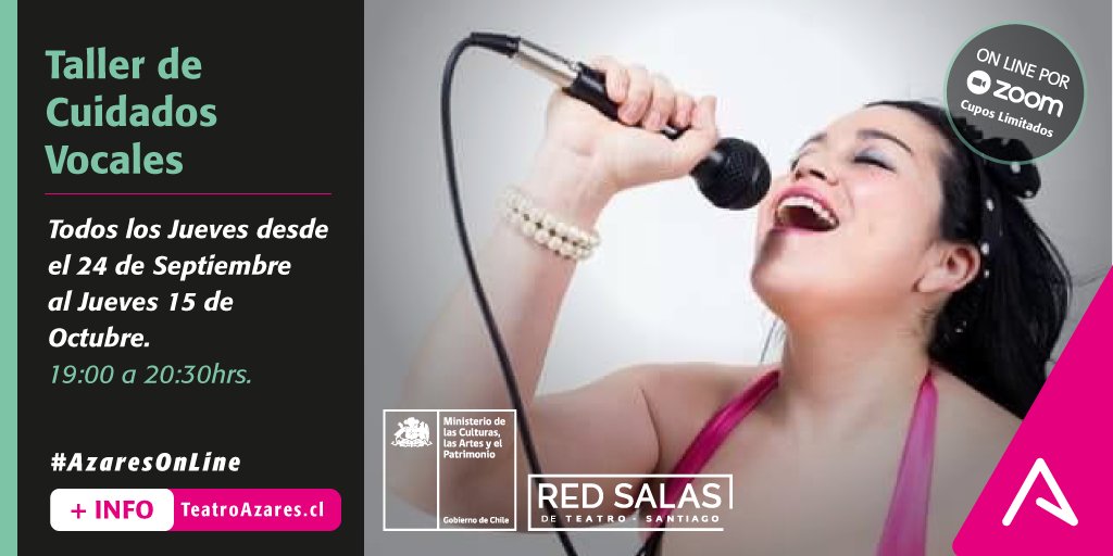 teatroazares's tweet photo. ¿Estás preparándote para cantar este fin de semana dieciochero?
Inscríbete en el Taller de Cuidados Vocales de Teatro Azares. Desde el 24 de septiembre vía Zoom
talleres@teatroazares.cl
#Talleres #Teatro #AzaresOnLine #titeres #educacion #ApoyoTeatroAzares #BarrioBrasil https://t.co/diRQDZKdLl