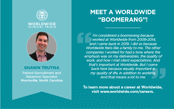 worldwidetrials's tweet photo. Worldwide feels like family. This, according to Worldwide "boomerang" Shawn Trutna who rejoined Worldwide in 2019. Join our team and family today! #UncommonTeamTuesday #UncommonCRO https://t.co/efQD3Qr4Fv https://t.co/yw25oWZ7iy