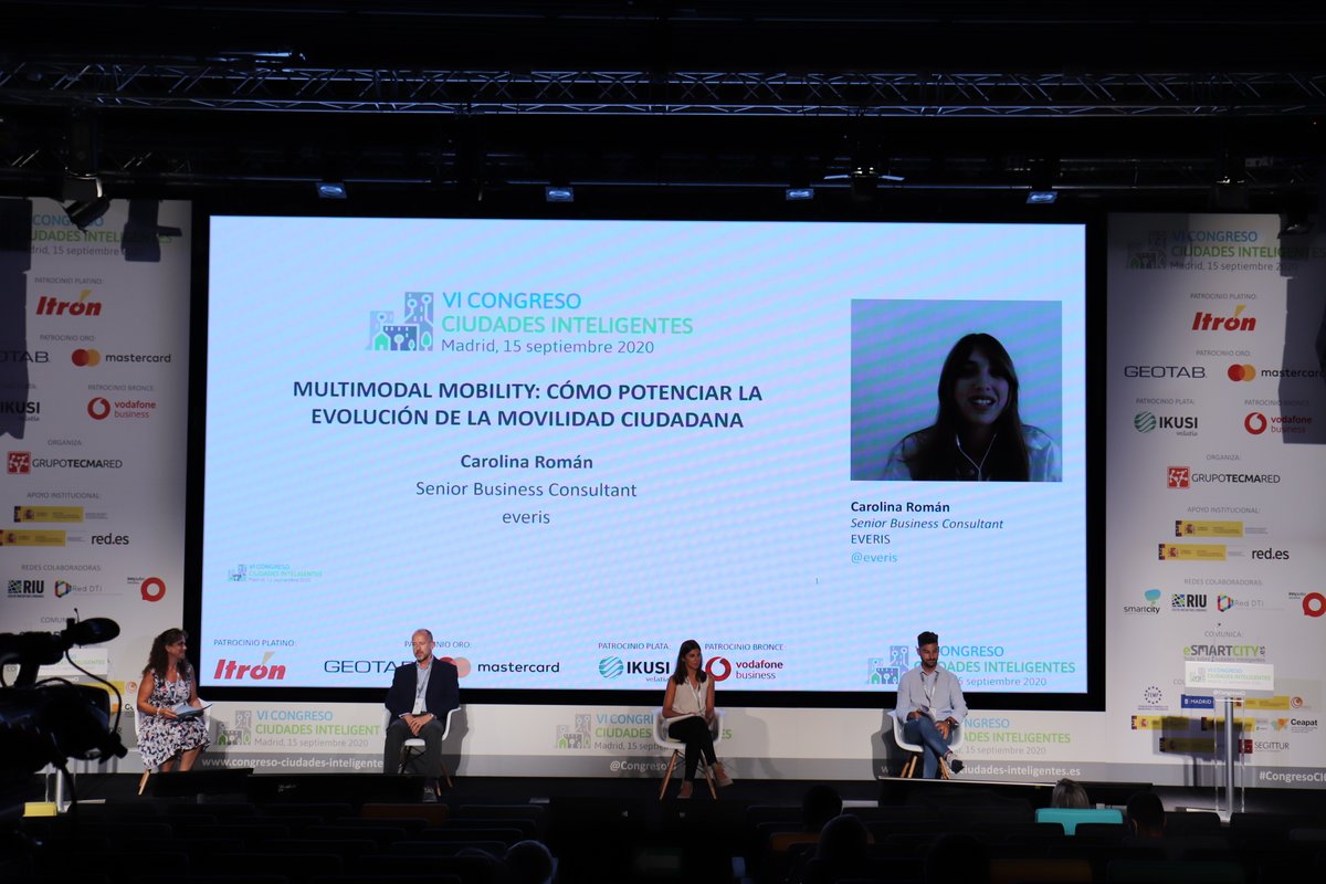 CongresoCI's tweet photo. La primera en participar en este bloque es Carolina Román de @everis que presenta telemáticamente su ponencia "#MultimodalMobility: cómo potenciar a la evolución de #MovilidadCiudadana" hoy en VI Congreso #CiudadesInteligentes #CongresoCI6 @grupotecmared https://t.co/haE3yPnQEv https://t.co/vlFqYknnZc