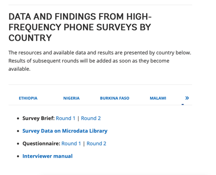 The Living Standards Measurement Surveys are supporting high-frequency phone surveys to track impact of Covid-19 & have results available for Ethiopia, Nigeria, & Mali (data coming soon for other countries).  https://www.worldbank.org/en/programs/lsms/brief/lsms-launches-high-frequency-phone-surveys-on-covid-19#5 by  @WorldBank LSMS-ISA Program