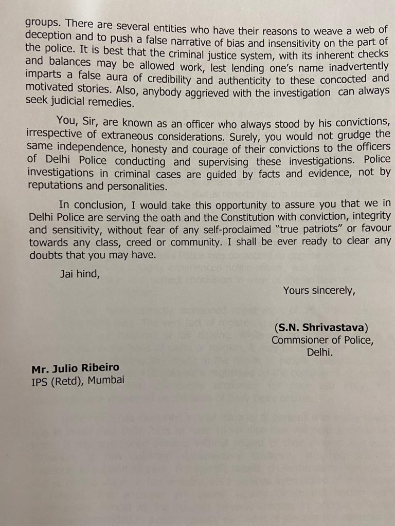 DelhiPolice's tweet photo. Police fraternity holds Mr Julio Rebeiro in high esteem. He has raised doubts about the fairness in investigation of North East Delhi riots. An email reply has been sent to clear his doubts.The email reply is attached 
@CPDelhi @LtGovDelhi @HMOIndia https://t.co/ZNVaFYwSXG