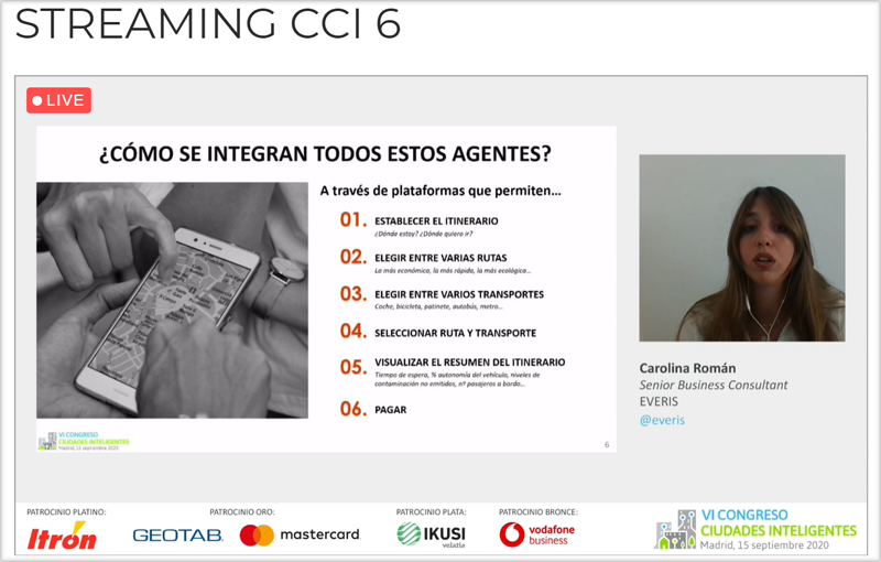 CongresoCI's tweet photo. La primera en participar en este bloque es Carolina Román de @everis que presenta telemáticamente su ponencia "#MultimodalMobility: cómo potenciar a la evolución de #MovilidadCiudadana" hoy en VI Congreso #CiudadesInteligentes #CongresoCI6 @grupotecmared https://t.co/haE3yPnQEv https://t.co/vlFqYknnZc