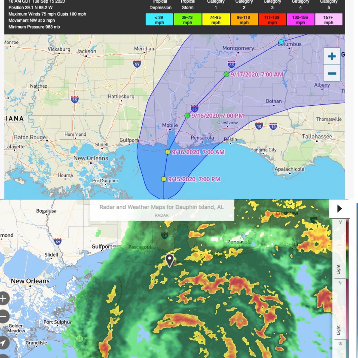 Latest update: Hurricane Sally tracks up Mobile Bay.  We are currently seeing heavy rain &amp; winds.   Sally is slow moving significant storm surge &amp; flooding is expected.  Please keep everyone on the Gulf Coast in your thoughts! #hurricanesally #dauphinisland #disl #southalabama