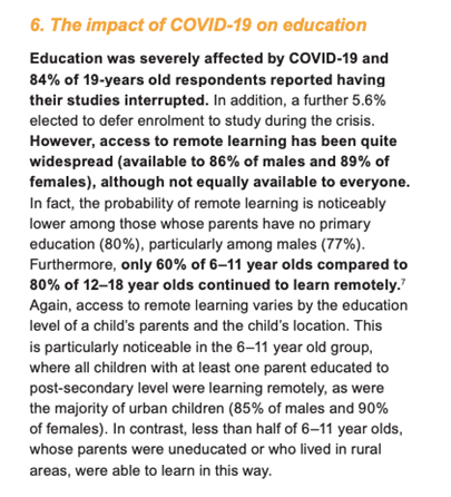 In Vietnam, “children with at least one parent educated ... were learning remotely, as were the majority of urban children… Less than half of 6–11 year olds, whose parents were uneducated or who lived in rural areas, were.” https://www.younglives.org.uk/node/8961  by Scott et al.