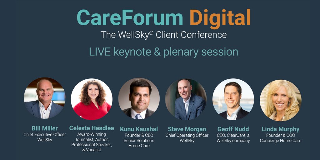 WellSkyHealth's tweet photo. It’s Day 2 of #CareForum2020 Digital! Join us at 10:30AM CT for:

— KEYNOTE: “10 ways to have a better conversation” w/ @CelesteHeadlee
— PLENARY: "Advancing innovation in provider-payer value-based partnerships” w/ @SSCares247 @Clear_Care 

Register: https://t.co/Czktand3Vh https://t.co/fM8nn58N98