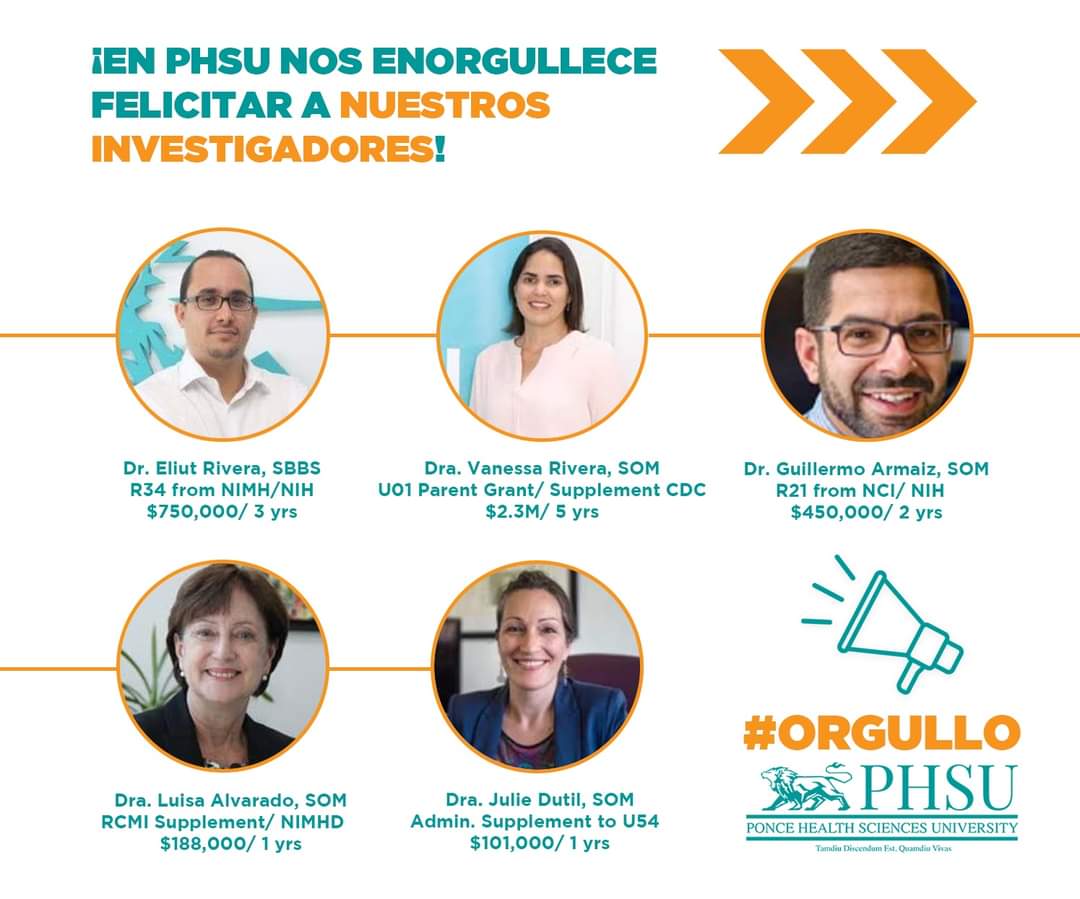 PonceHealthSU's tweet photo. ¡En #PHSU nos enorgullece felicitar a nuestros investigadores 🙌! Muchas felicidades para: el Dr. Eliut Rivera, la Dra. Vanesa Rivera, el Dr. Guillermo Armaiz, la Dra. Luisa Alvarado y la Dra. Julie Dutil. 
¡Son un #OrgulloPHSU! https://t.co/hOdXMr22Uv