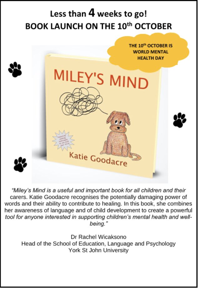 Less than 4 weeks to go until my very first book launch!! 😱 Miley’s Mind aims to improve children’s mental health. Massive thank you to @Wicaksono for her book endorsement below. #WritingCommunity #mentalhealth  @MindCharity @BeatEDSupport @womensaid @winstonswish @YoungMindsUK