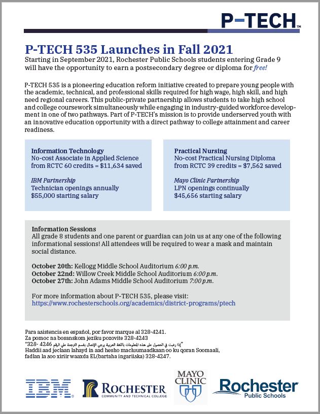 Rochester Public Schools is thrilled to announce our new program partnership with P-TECH!!  We have some upcoming information sessions about our new programming, beginning Fall 2021, for incoming 9th grade students. <a href="/RPS535/">Rochester Public Schools</a> @PTECHNETWORK