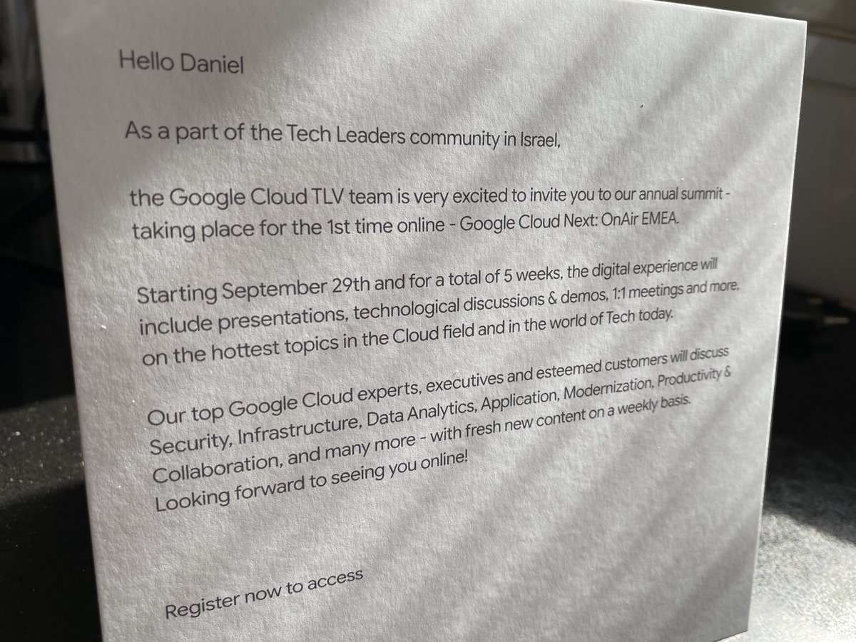 danielalbu's tweet image. Great to be a part of @Google Cloud's Tech Leaders community & get a personal invite to the @GoogleCloud Next EMEA event.
5 weeks of the best of @GoogleCloud tech starting September 29th!
Register here: bit.ly/325XxeT
(Thank you @shani_w for the cool gift!)