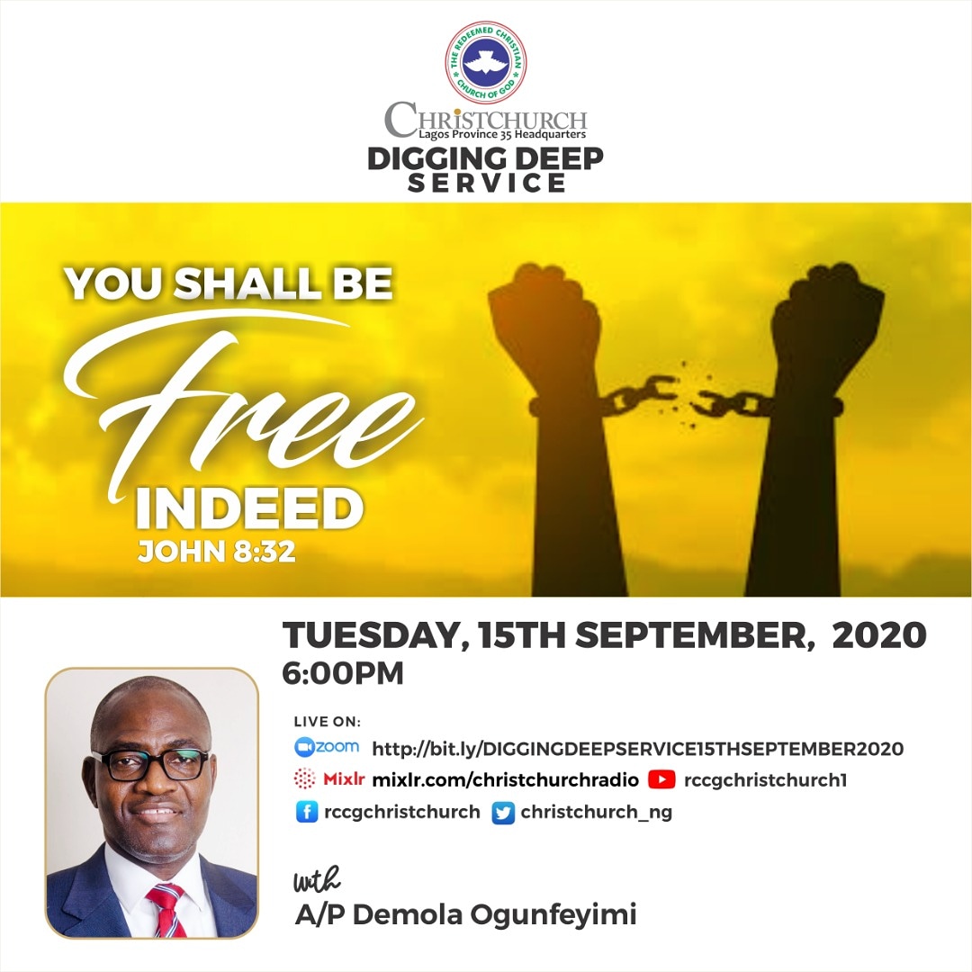 ChristChurch_NG's tweet photo. RCCG CHRISTCHURCH is inviting you to her DIGGING DEEP SERVICE
Topic: YOU SHALL BE FREE INDEED
Time: Sep 15, 2020, 06:00 PM
Join Zoom Meeting
https://t.co/Bdwb0fNhTT
CC RADIO:
https://t.co/gKqDDnuHgK
Thank you
#rccg #rccgchristchurch #ChristChurchRadio #ChristChurchCares https://t.co/ZGksATihsM