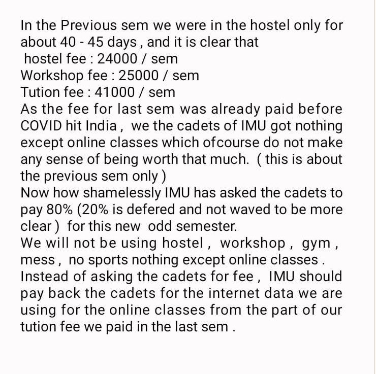 Zulqurnain_88's tweet photo. Authorities gone deaf!!
Hope they don't come up saying that they have donated our last sem fee in the PM Cares Fund. Cadets &amp; their families are also affected in the pandemic. 
@shipmin_india @dgship_goi @mansukhmandviya #whyfeeimu #JusticeForIMUCadets #JusticeForIMUStudents https://t.co/TGgAWR9nDU
