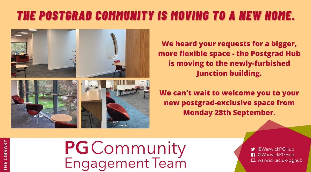 The secret is out - we heard you, and from Monday 28th September there will be a new, more spacious, more flexible and more comfy Postgrad Hub, in the newly-refurbished Junction building!