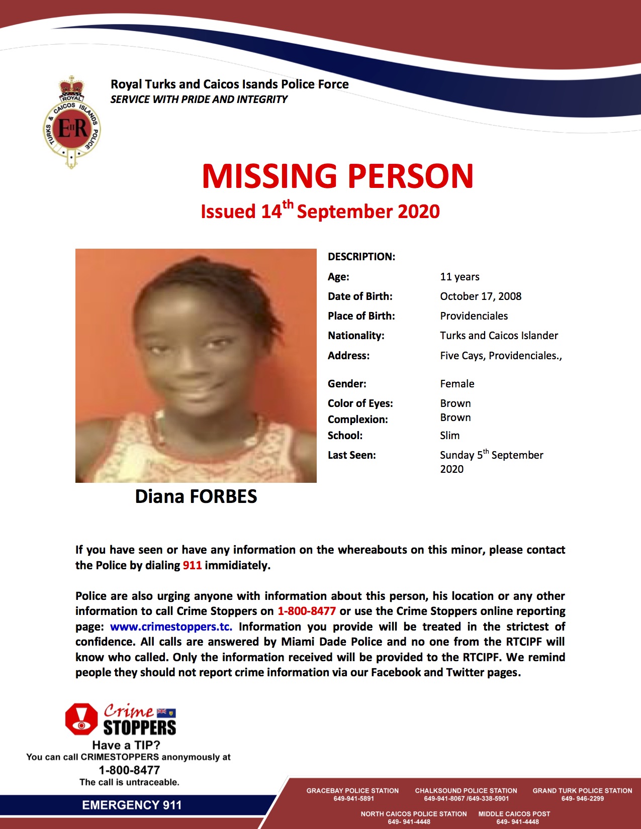 Tci Government Help Us To Locate 11 Year Old Diana Forbes T Co 0ocmv8hxky Twitter