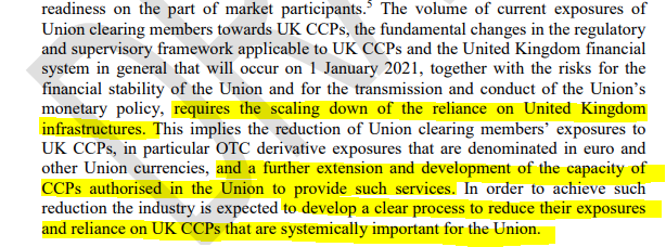 But the  @commission is also clear that it sees the 18-months as a breathing space to deal with that problem by building up the  #EU's own clearing capacity and reducing reliance on London: 3/