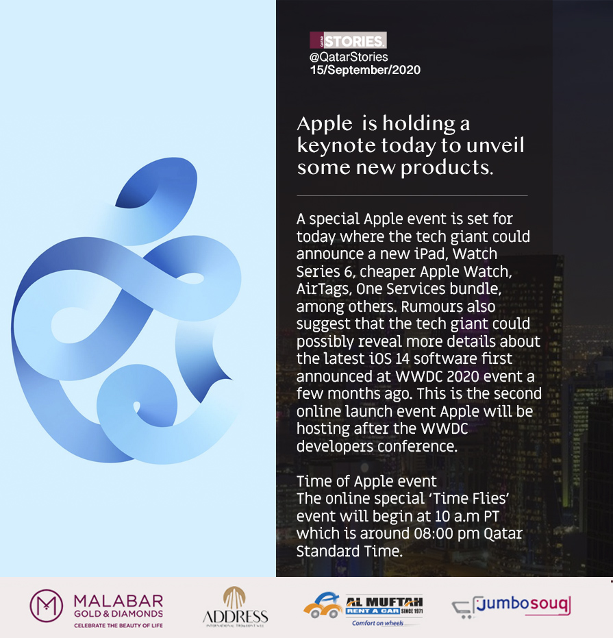 QatarStories's tweet photo. Apple is holding a keynote today to unveil some new products. The online special ‘Time Flies’ event will begin at 10 a.m PT which is around 8 pm Qatar time. #Apple #AppleEvent #Appleevent2020 #Doha #Qatar #QatarNews #DohaUpdate #QatarUpdate #QatarStories https://t.co/ZGNSKzjc1O