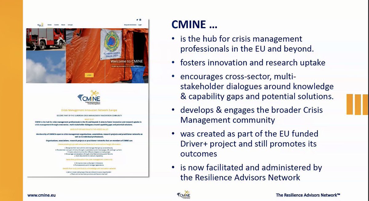 resiloc's tweet photo. The @CMINE_EU hub for crises managers presented by @JonHall999 of @resilience247 at the #EU Community of Users. The @resiloc project is utilising the platform in support of its teams. https://t.co/feiQJzv5ED #Collaboration #EUCivPro https://t.co/CIBdl7xo92