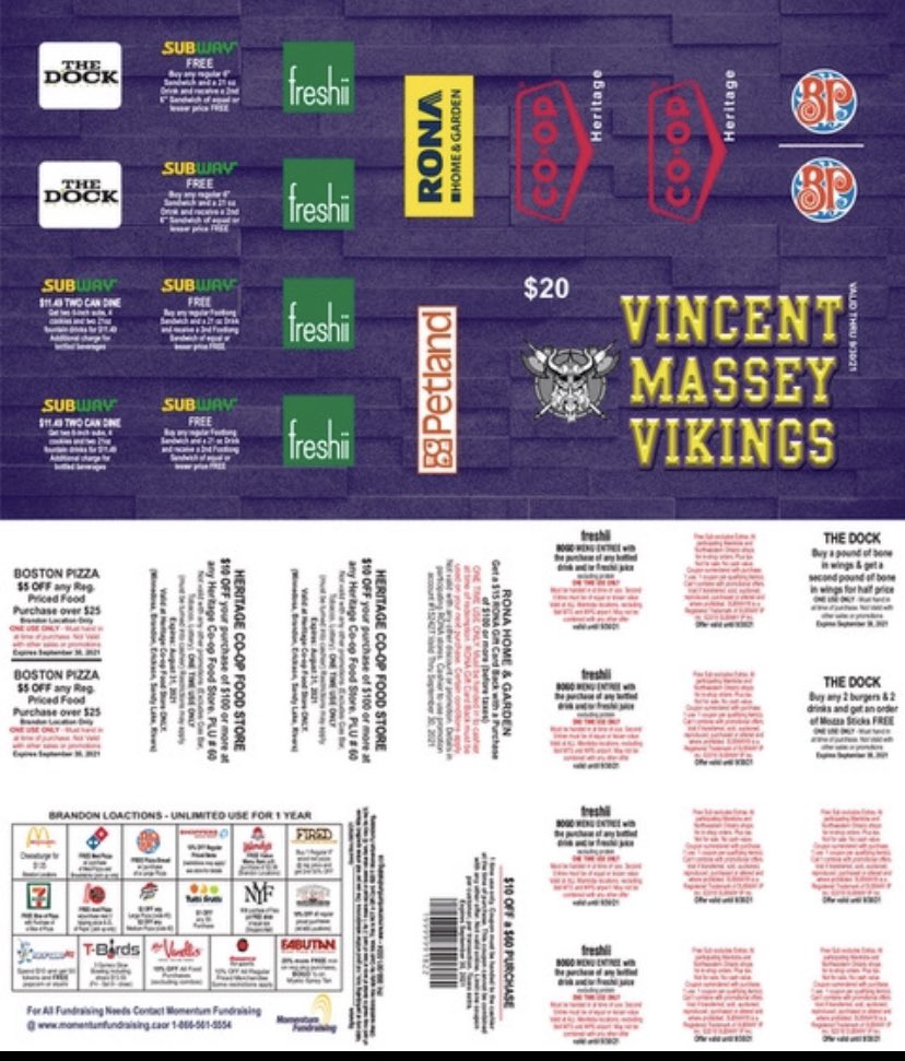 VMFootball's tweet image. Hello Supporters,
Vincent Massey High School  will be doing our annual discount card fundraiser once again this year. 
This year we have an option to purchase cards “Contact Free”. momentumfundraising.ca/product/vincen… .  The cards will be shipped directly to your home.