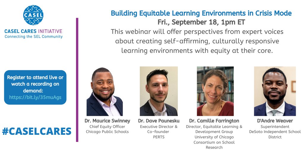 caselorg's tweet photo. 9/18, 1pm ET: Join @DocSwin, @davepaunesku, @CamilleFarring & D’Andre Weaver to explore how to create self-affirming, culturally responsive learning environments with equity at their core, especially during these challenging times. Register: https://t.co/yPOXpnx1vF https://t.co/tGJAaQST4B
