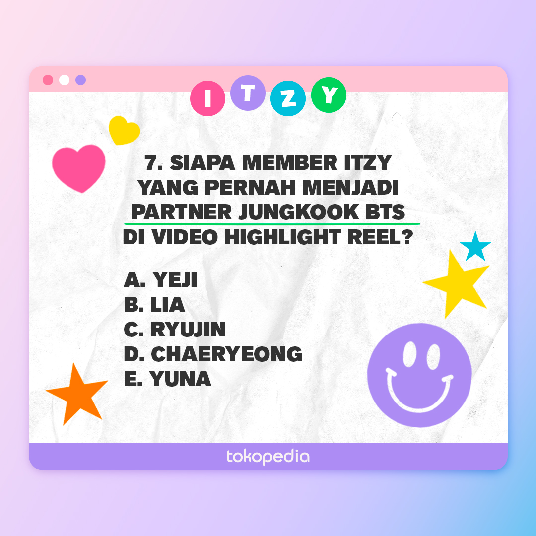 tokopedia's tweet photo. Nah, kalau yang terakhir nih mimin yakin selain MIDZY, ARMY juga tau. Siapa ya jawabannya?

Jangan lupa jawab pakai #TokopediaxITZY ya!💚 https://t.co/hwK2MIdf0l