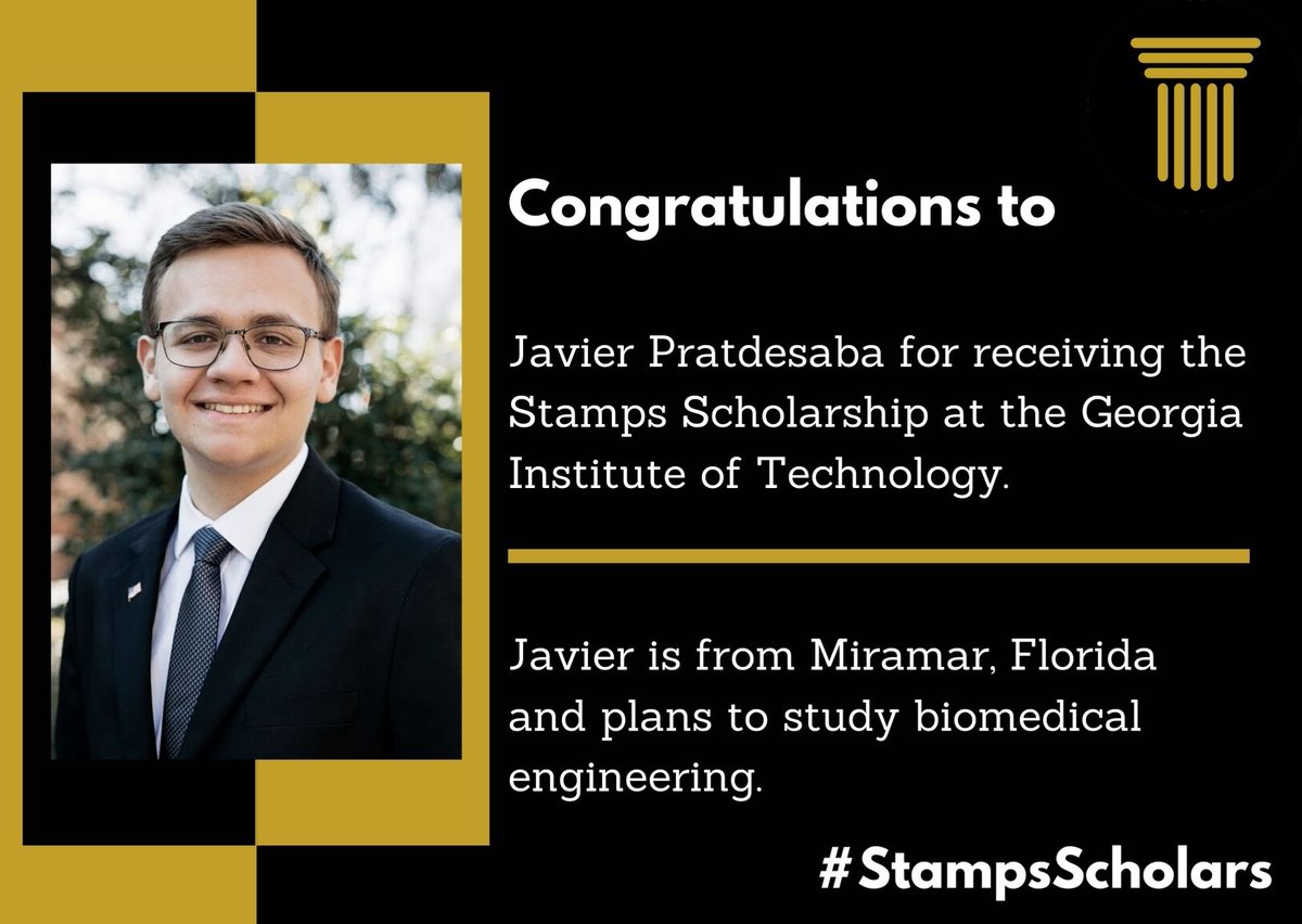 stamps_scholars's tweet photo. Congratulations to incoming @GeorgiaTech #StampsScholar Javier Pratdesaba. Javier is from Miramar, Florida and plans to study biomedical engineering. https://t.co/OTgBxVYahj