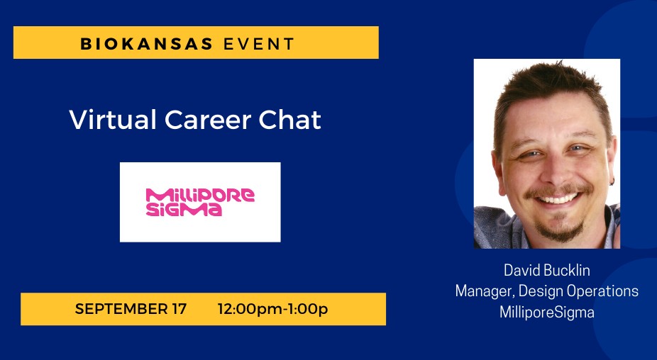 BioKansas's tweet photo. Join our virtual career chat this Thursday with David Bucklin from MilliporeSigma. Grow your network &amp; learn about career opportunities related to scientific #productdevelopment and #biomanufacturing. Space is limited. Register now https://t.co/5mHiKBjEQL https://t.co/mRBUUKpuCc