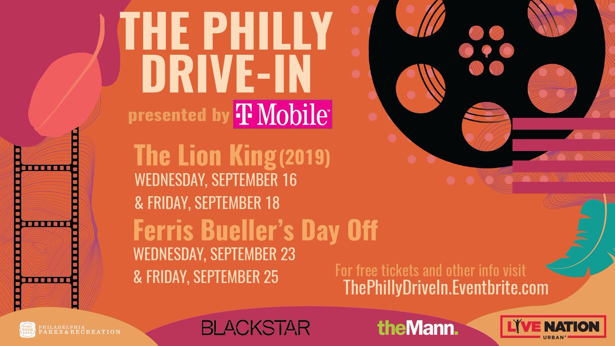 PhilaParkandRec's tweet photo. Free tickets for the final round of #ThePhillyDriveIn movies presented by @TMobile are still available! Reserve your tickets now for The Lion King or Ferris Bueller's Day Off here ⬇️ https://t.co/YgHt2UriET https://t.co/MSZzgkYS5L