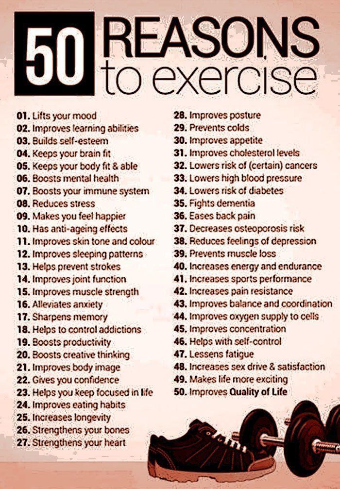 50 reasons to #exercise. 

#fitness #mentalhealth #dementia #Alzheimers <a href="/TheMHEditor/">Mental Health Editor</a> <a href="/ArtKetterhagen1/">Art Ketterhagen</a> <a href="/glasgow_bruce/">Bruce Wayne Glasgow 🦇👤</a> <a href="/jamcbride/">Jon McBride 🌴</a> @WolfeStew <a href="/WYP_NeilTaylor/">Insp Neil Taylor</a> <a href="/JFClaude/">Jean-François Claude</a> <a href="/SilverbearHeart/">Deborah A. Skousen</a> <a href="/areck0001/">aaron reck</a> <a href="/SaludHEALTHinfo/">SaludHEALTHinfo</a> <a href="/doctoralexa/">AlexaFleckenstein M.D. @doctoralexa@mastodon.world</a> @realspaceblatt @Sonja_Seear @DCoxAuthor @aginginplacecom