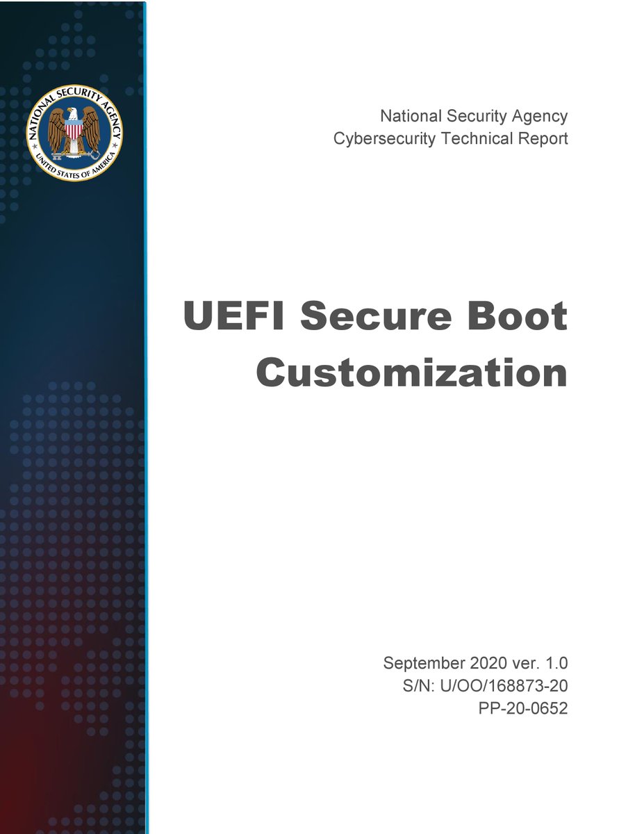 NSACyber's tweet photo. Our UEFI Secure Boot Customization #cybersecurity report explains how system admins can customize Secure Boot to better protect against firmware threats, including the recent #BootHole vulnerability CVE-2020-10713. Read the detailed recommendations here: https://t.co/zr8lLNRoHl https://t.co/Tc36VlrbXr