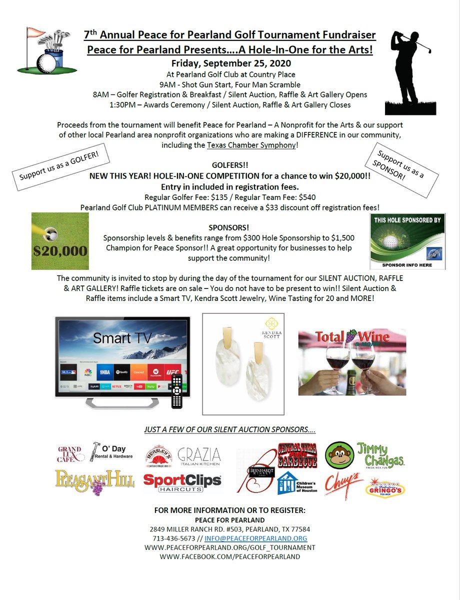 PearlandGC's tweet photo. Get registered for the 7th Annual Peace for Pearland Golf Tournament Fundraiser! 

When: Friday, September 25, 2020
Where: Pearland Golf Club
Time: 9am Shot gun start
Format: Four Person Scramble

Registration &amp; Breakfast start at 8am! https://t.co/szej4Kva8x