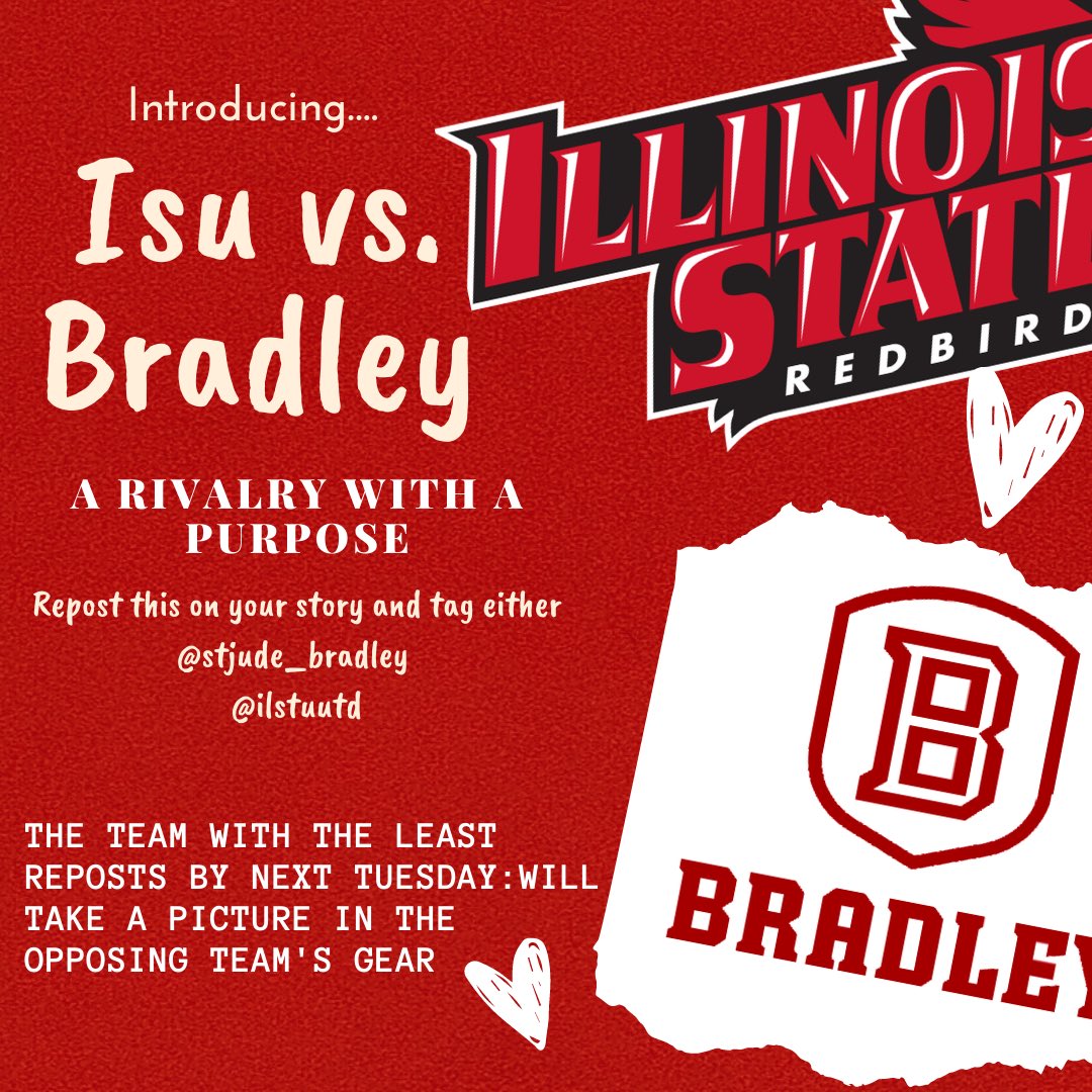 ilstuutd's tweet photo. Redbirds, show your pride in sharing this post on your story and tagging @ilstuutd ! 

If Illinois State wins the most shares by TUESDAY, SEPTEMBER 22nd, Bradley will wear Illinois State apparel at the No More Cancer Rally! 

Spread the word and Go Redbirds! 

#uptildawn https://t.co/D9fJTUrguF