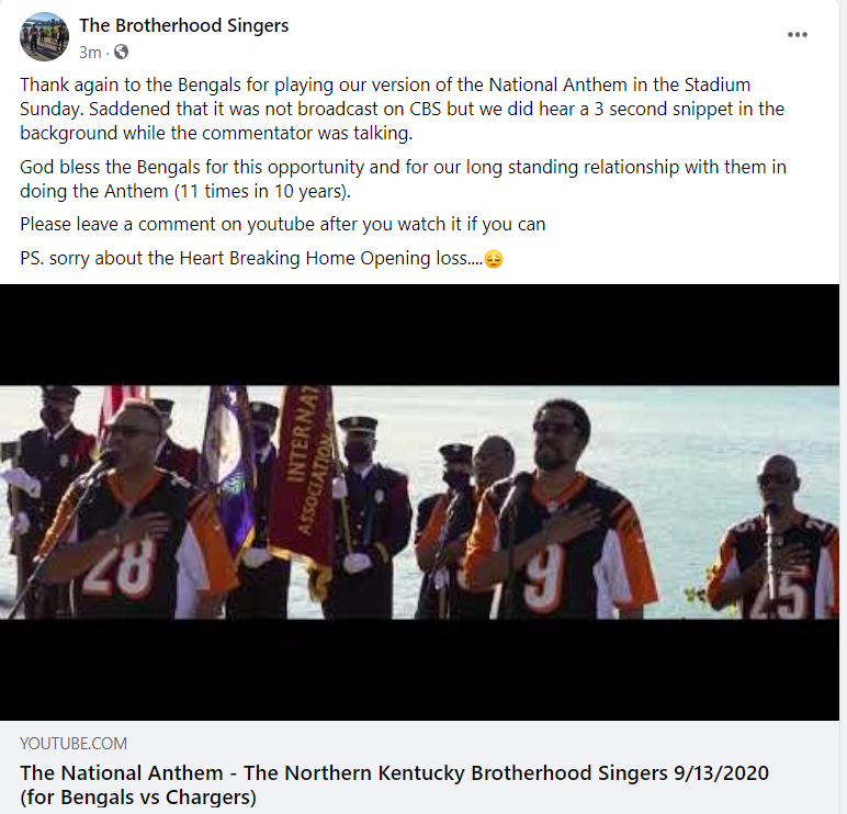BrotherhoodSing's tweet photo. The Full Anthem played during the September 13th, 2020 Home Opener  https://t.co/nSkmcIoNFu

https://t.co/IzenlqvBdv

#Honored @Bengals https://t.co/Ux5q5JfCne
