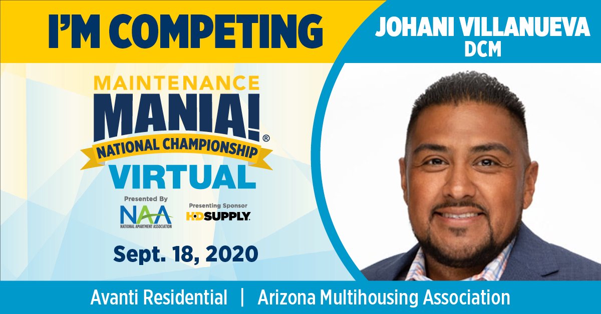 NAAhq's tweet photo. Johani Villanueva with Avanti Residential is excited to represent the Arizona Multihousing Association at #MMNCVirtual! Register to watch Johani compete at https://t.co/d53X8H9Ah4
#GoJohaniGo https://t.co/sbBFYQbxzC