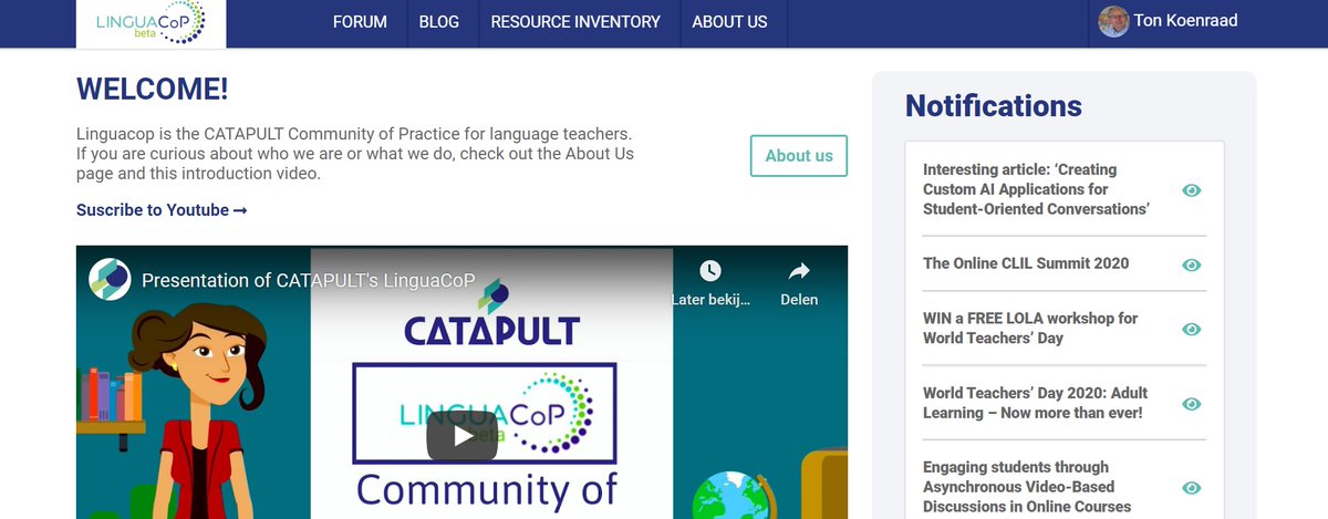 koenraad's tweet photo. #Erasmus_Project  'CATAPULT' to launch second MOOC and LinguaCoP, the platform for the Teachers' Community of Practice (CoP). For more details about these and other project developments see this blogpost:
https://t.co/yry0M0JnXb #CATAPULT_EU #LSP #teachers #CPD #teachertraining https://t.co/SSy3vtaTdU
