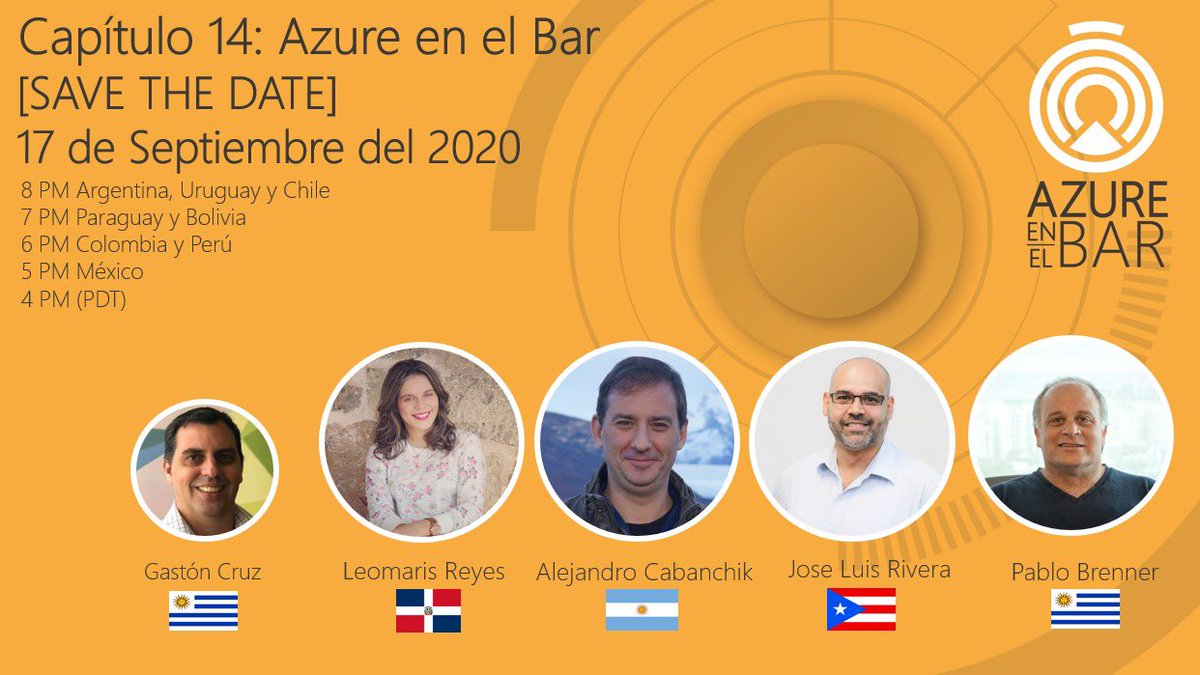AzureEnElBar's tweet image. El 17 de Septiembre vamos con un episodio de Azure en el Bar, espacio en que los panelistas puedan hablar acerca de tecnologías #Microsoft en #Azure
Participan 
@LeomarisReyes11 
@Ale_Cabanchik 
@SQLConqueror 
@pablobrenner 
8 PM ART
azureenelbar.com #MVPBuzz