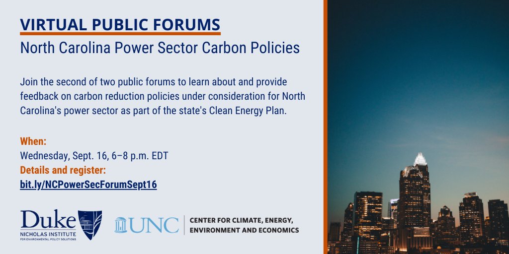 WEDNESDAY: North Carolinians, join <a href="/NichInstitute/">Nicholas Institute</a> and <a href="/UNCCE3/">UNC Center for Climate, Energy, Enviro. & Econ.</a> for the second public forum on potential carbon reduction policies for the #PowerSector as part of the state's #CleanEnergy Plan.

Details and RSVP ➡️ bit.ly/NCPowerSecForu…