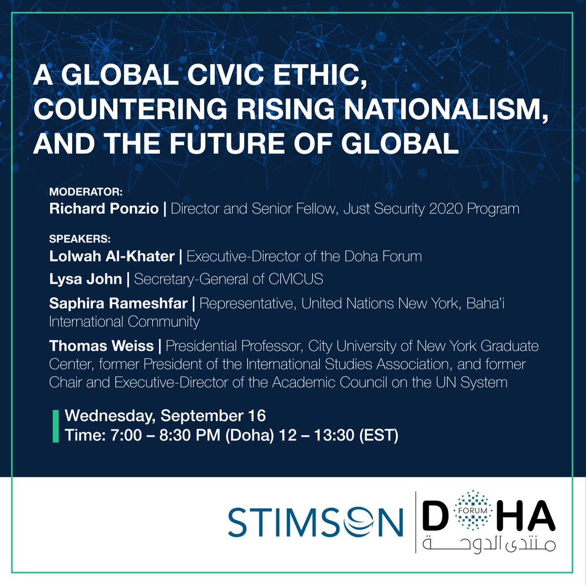 DohaForum's tweet photo. Join our executive director @Lolwah_Alkhater tomorrow in an engaging discussion about our global civic ethics and the ‘future of global.’
Live stream link: 
https://t.co/eCrFe3PgJ9 https://t.co/wzQEtW5UAT