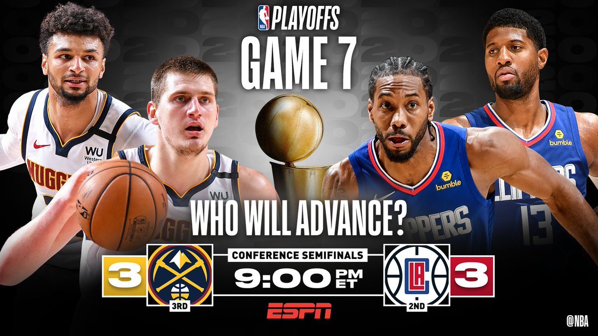 NBA's tweet image. Nuggets. Clippers. GAME 7. 🍿🏀

TONIGHT at 9:00 PM ET on ESPN... who will advance to the Western Conference Finals?? #NBAPlayoffs
