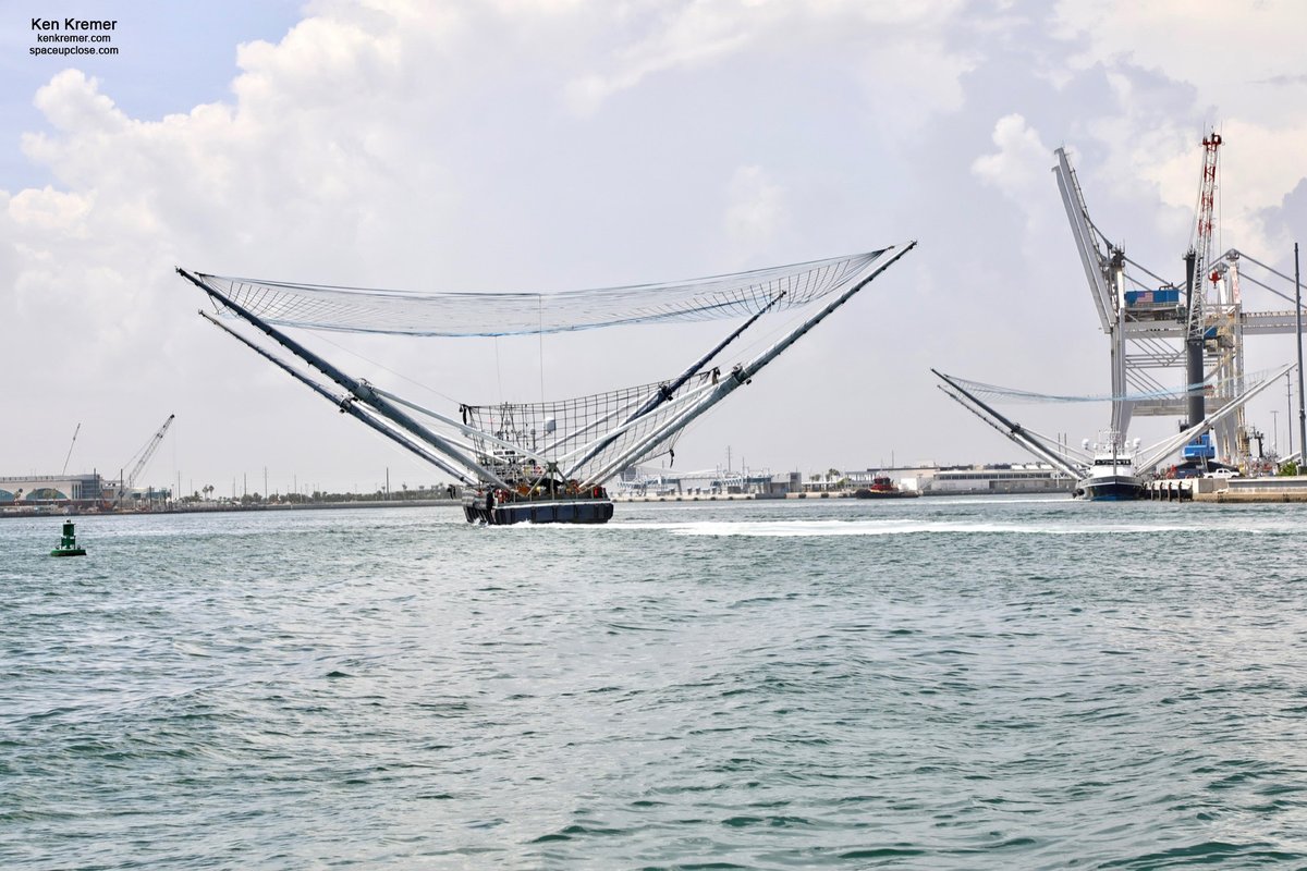 ken_kremer's tweet photo. Twin #SpaceX payload fairing catcher ships #GoMsTree & #GoMsChief departed @PortCanaveral this morning for next #Starlink launch #13 NET Sep 17. Here's a look back to both boats in port last week rigged with giant nets from prior Starlink mission https://t.co/vyykPCIpn9